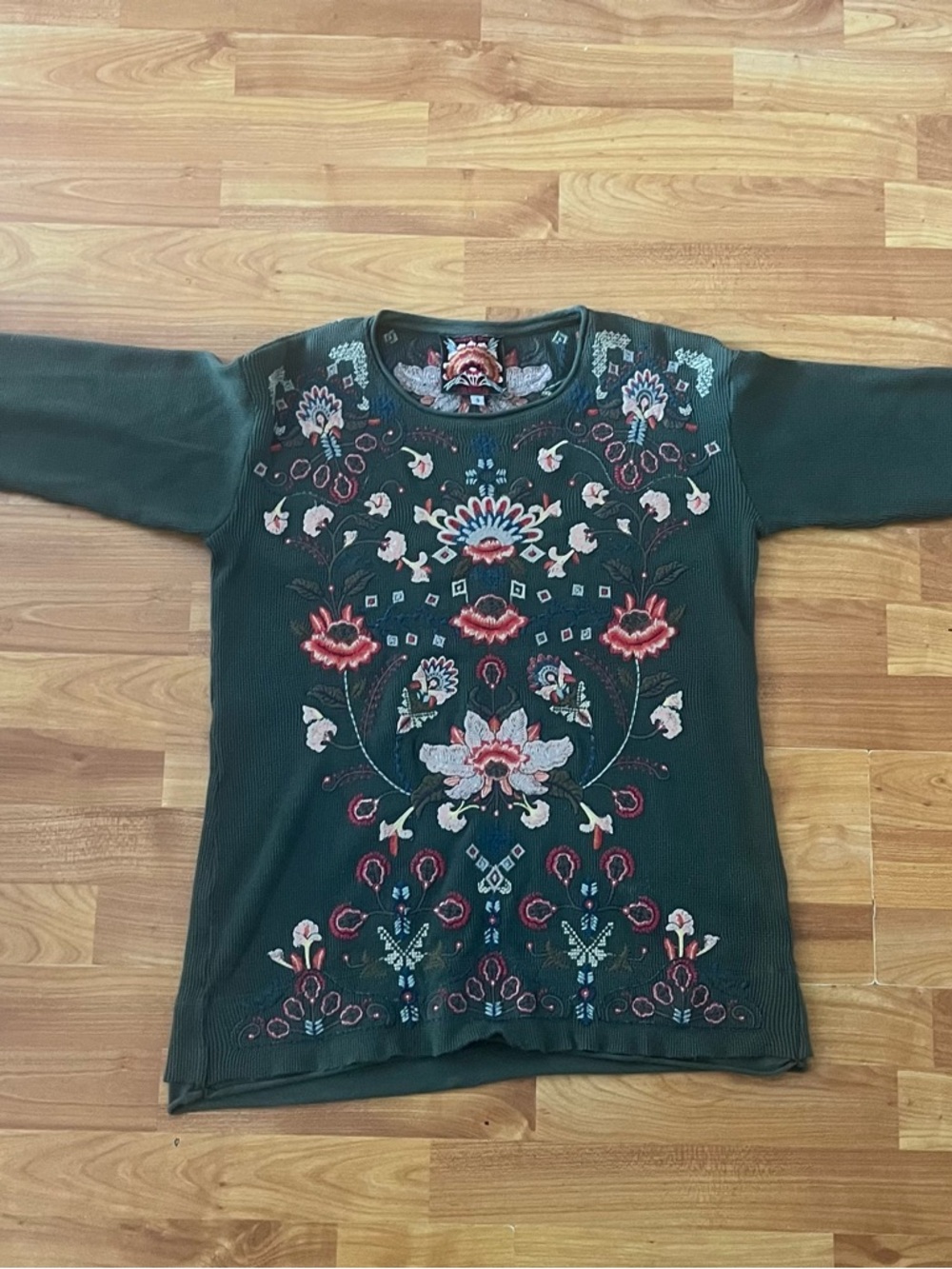 Johnny Was Dark Olive Green Embroidered Floral Waffle Knit Long Sleeve Top